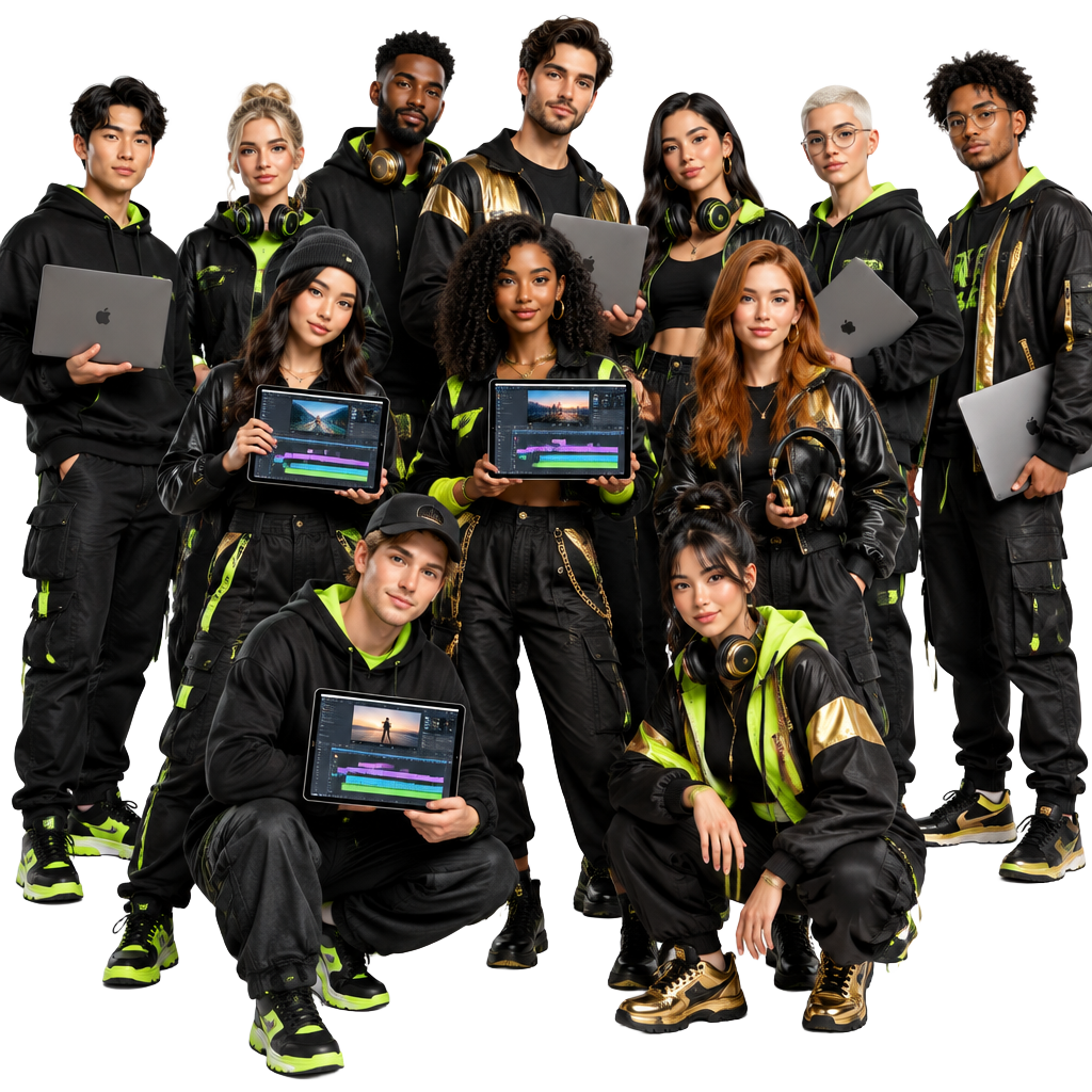 A diverse team of professional clippers with editing equipment