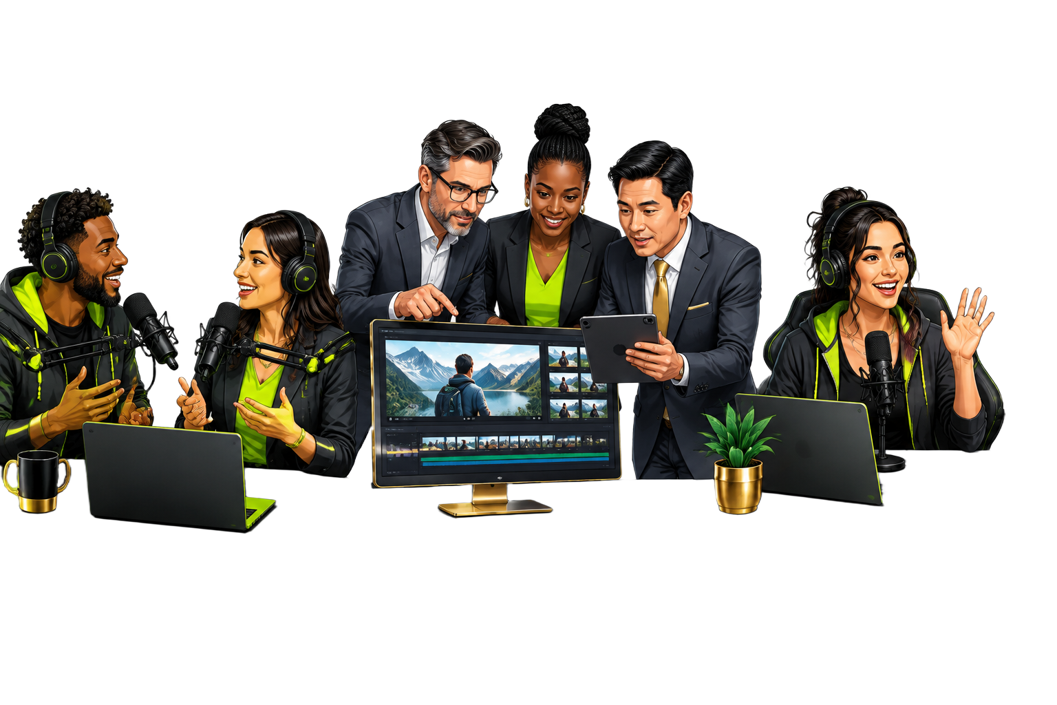Podcast hosts speaking into studio microphones, executives reviewing brand content, and an independent streaming host